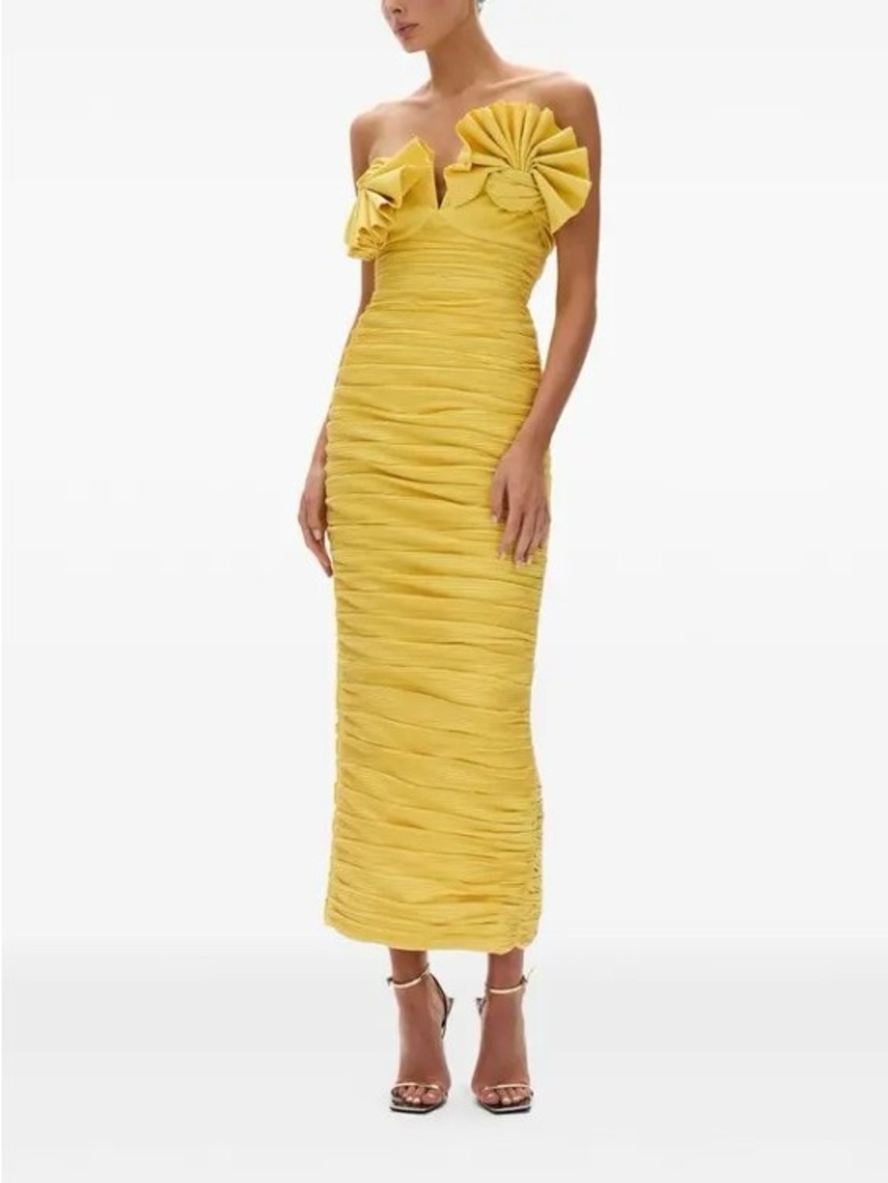 Rachel Gilbert Yellow Jensen Ruched Floral Midi Strapless Midi Dress AU0/US2 NWT